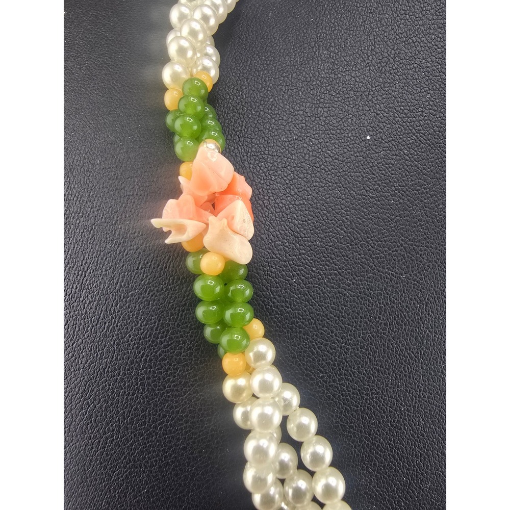 Vintage Estate Necklace Twisted Multi Strand Pearl Green Pink Floral Beaded 17in